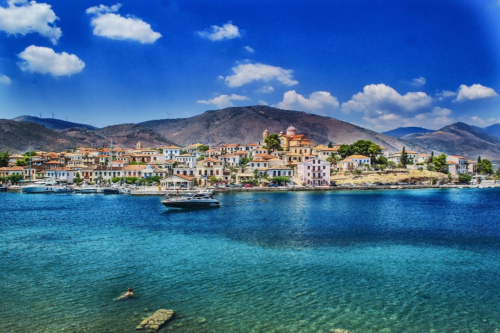 Greek island seafront and boats 