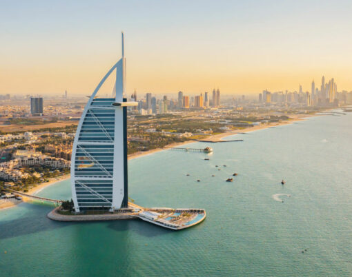 Aerial View Of Burj Al Arab Jumeirah Island Or Boat Building, Dubai