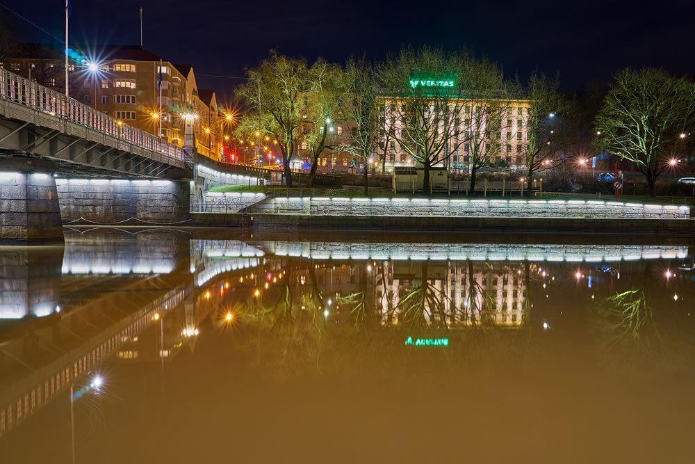 Night River Aura Aurajoki in Turku, Finland.