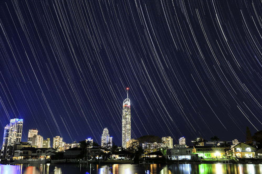 Gold Coast Surfers paradise cityscape and Q1 star trails astro