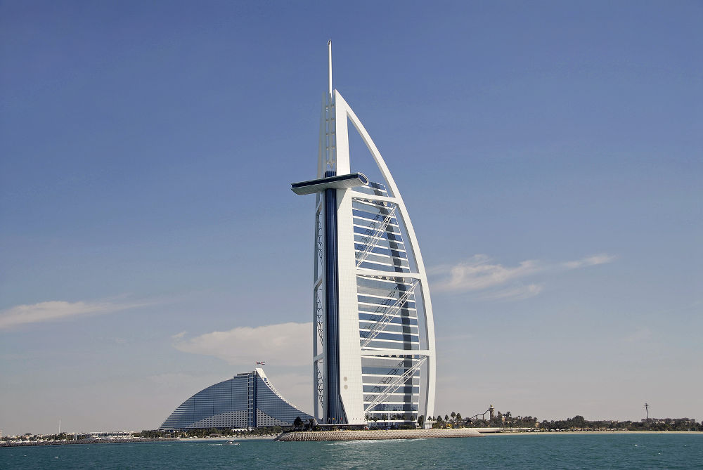 Burj Al Arab is a 7 star hotel. This landmark resembles a sail and has a cross facing the sea.