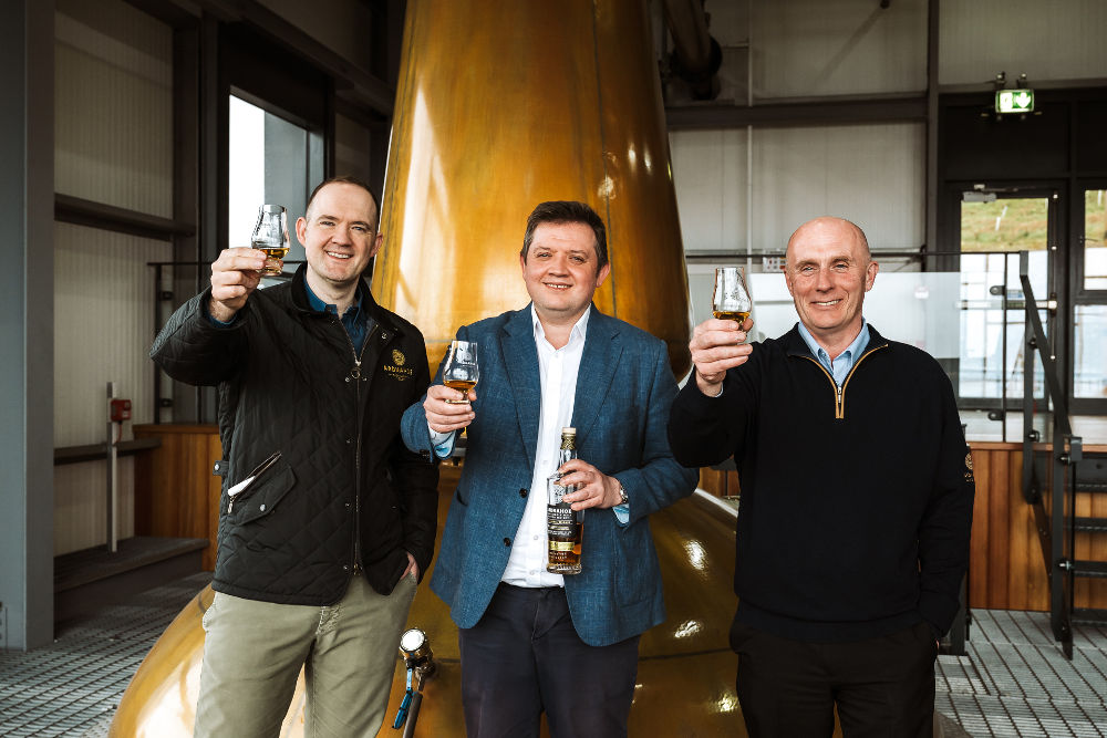 Andrew Laing (left), Scott Laing (middle) and Ardnahoe Distillery manager Fraser Hughes (right)