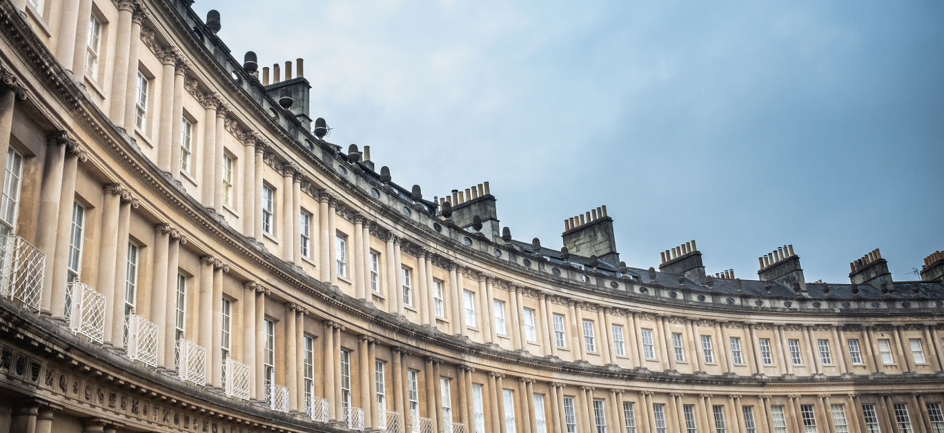 Black And White Panorama Of The Iconic Circus Terrace Of Townhouses In Bath, England