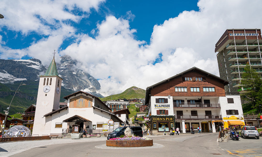 Picturesque mountain town of Cervinia during summer