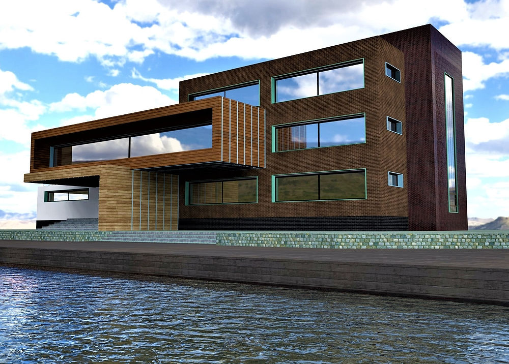 Exclusive design of the upscale eco-friendly european cottage built on the lake bank in the mountains. 3d rendering.