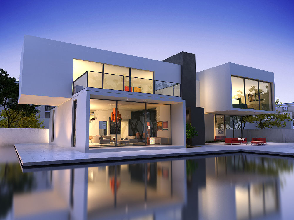 External view of a contemporary house with pool at dusk