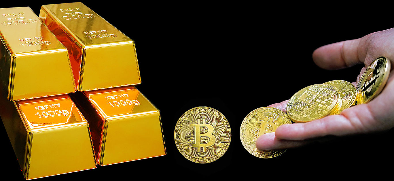 Four golden bullions and female palm throws gold bitcoins on black background