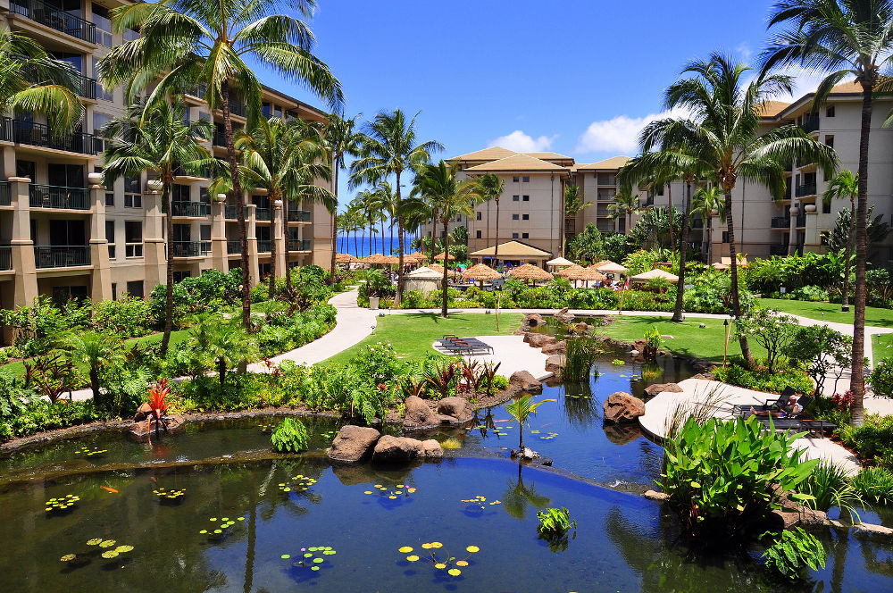 View of luxury hotel, Kaanapali, Maui, Hawaii.