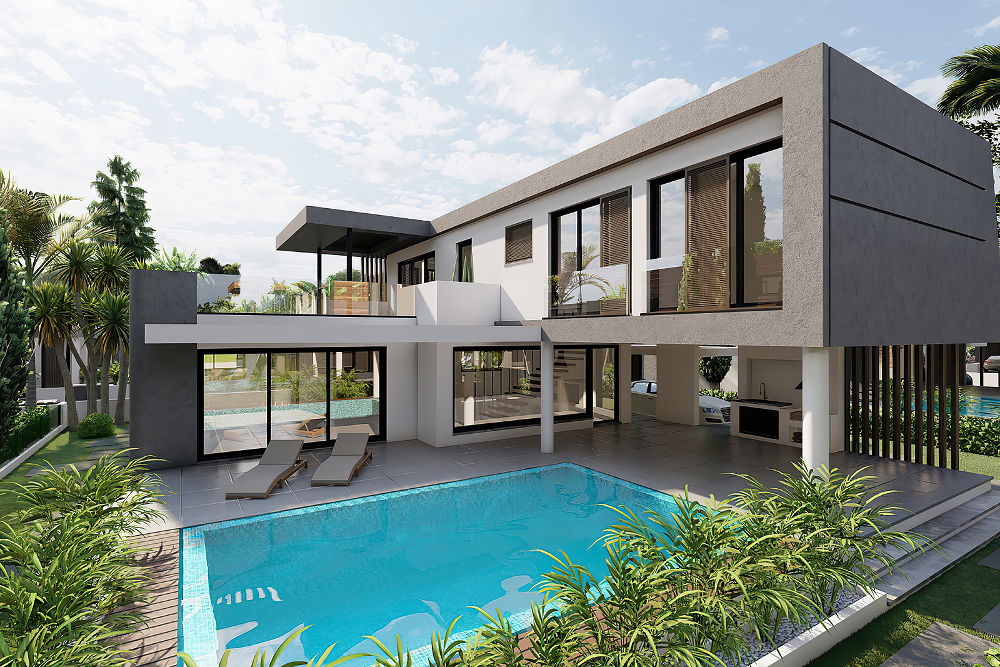 Modern villa exterior with swimming pool and big windows