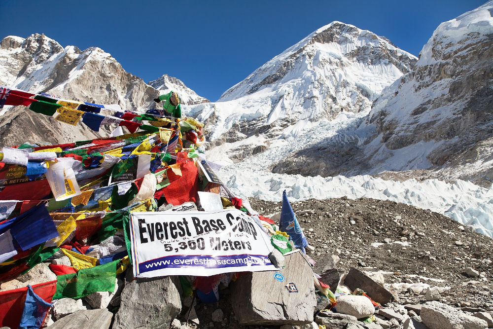 view from Mount Everest base camp with rows of buddhist prayer flags