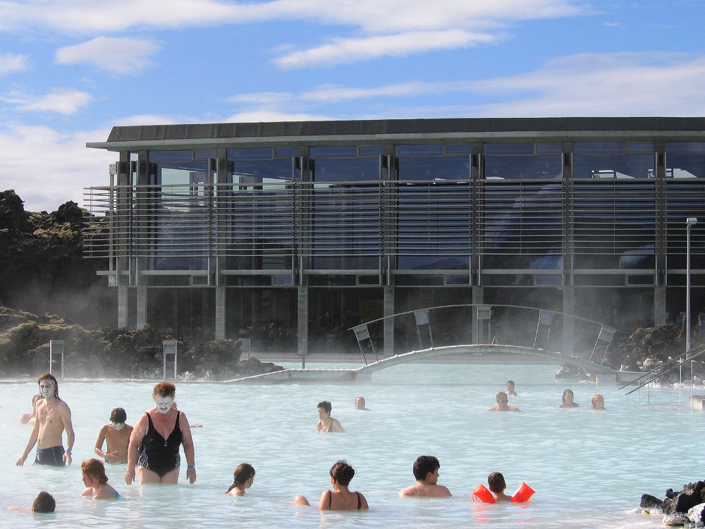 Visitors enjoying famous Blue Lagoon Geothermal Spa in Iceland 