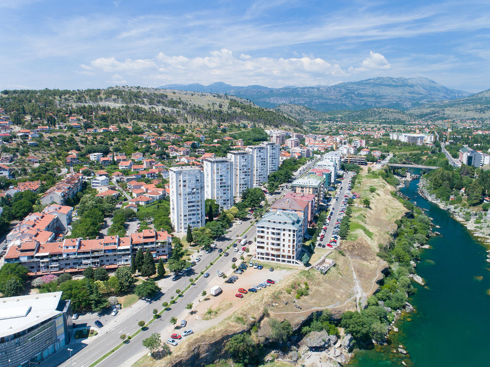 aerial view of the residential part of the capital city on sunny summer day, Montenegro