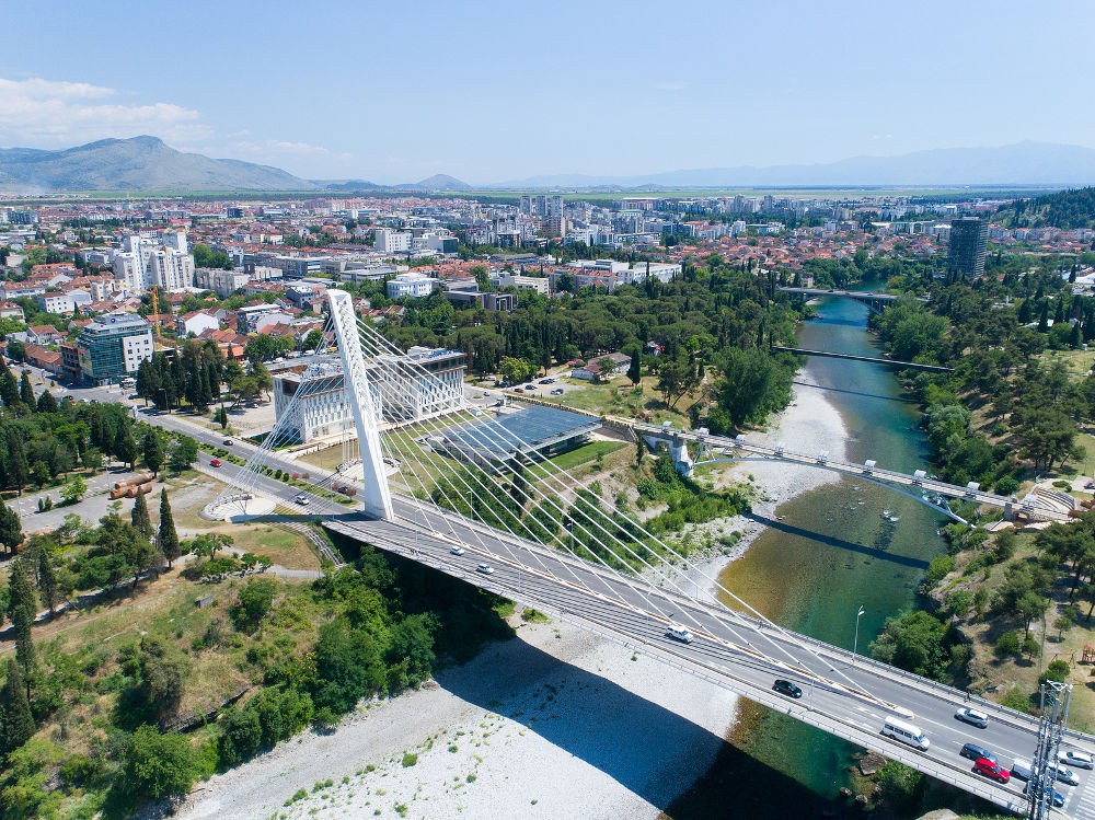 aerial view of Millennium bridge over Moraca river in Podgorica, Montenegro