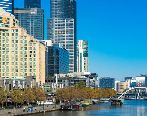 Melbourne Australia - April 18 2017: Southbank cityscape with Eureka Tower and Langham hotel buildings on sunny day