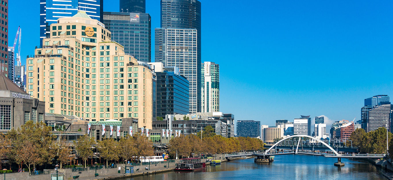 Melbourne Australia - April 18 2017: Southbank cityscape with Eureka Tower and Langham hotel buildings on sunny day