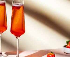 Rossini summer alcoholic cocktail drink with sparkling wine or prosecco, strawberry puree and ice in champagne glasses