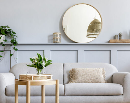 Scandinavian Living Room Interior With Design Grey Sofa, Wooden