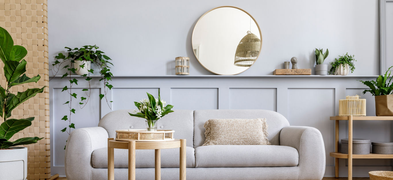 Scandinavian Living Room Interior With Design Grey Sofa, Wooden