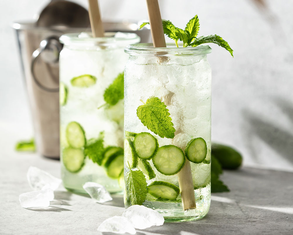 Summer sparklers, cucumber iced cocktail. Modern minimalism concept