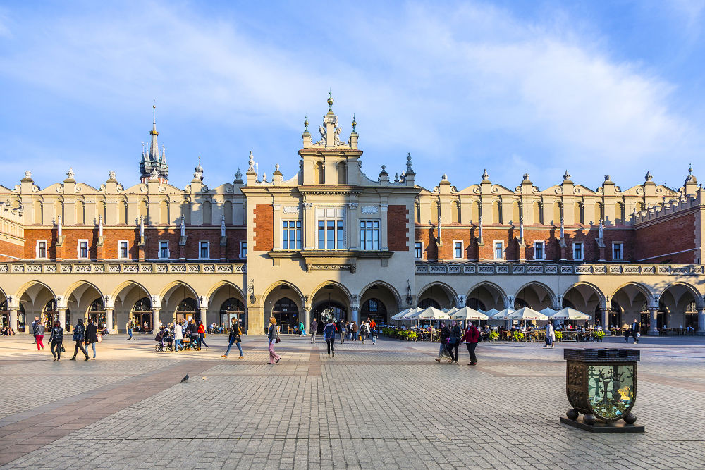 view of main market square from Cloth Hall building. Krakow is most often visited city in Poland by foreign tourists.