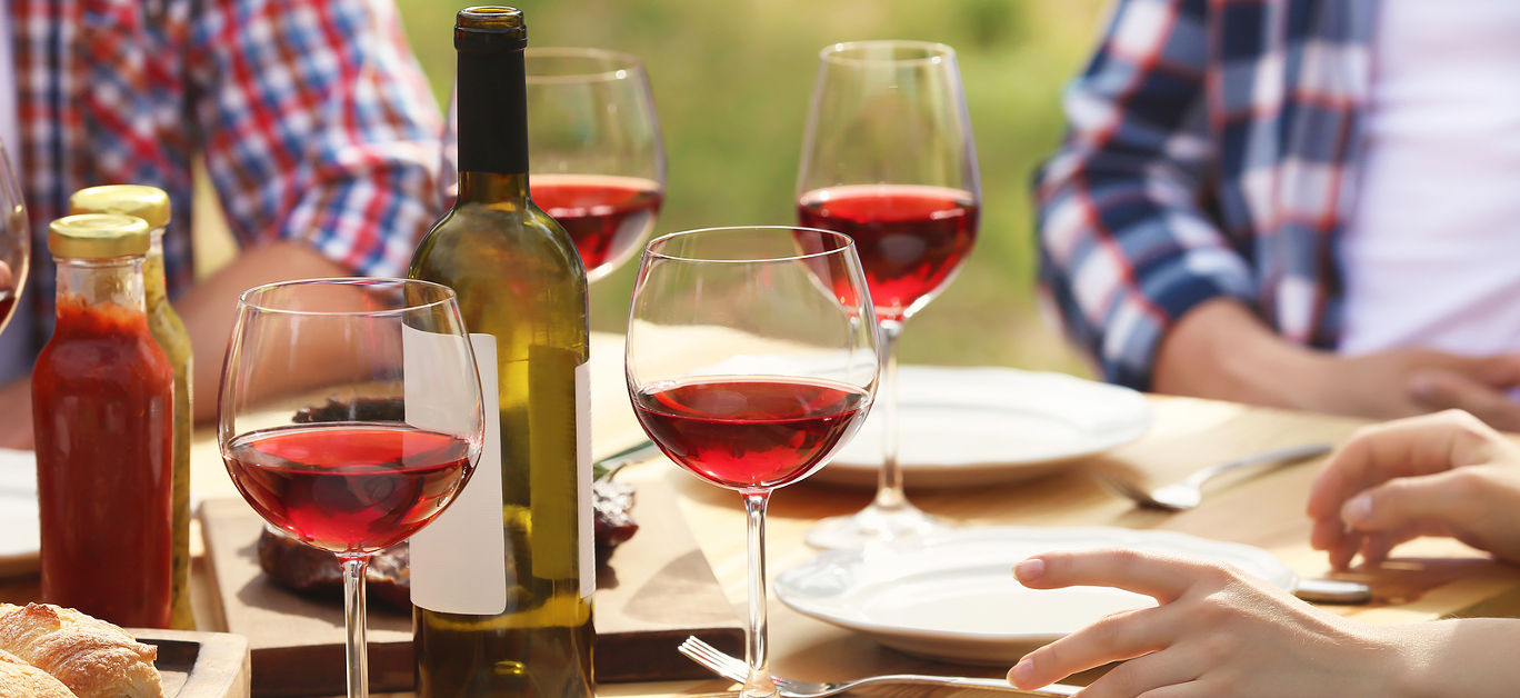 Young people with glasses of wine at table outdoors. Summer barbecue