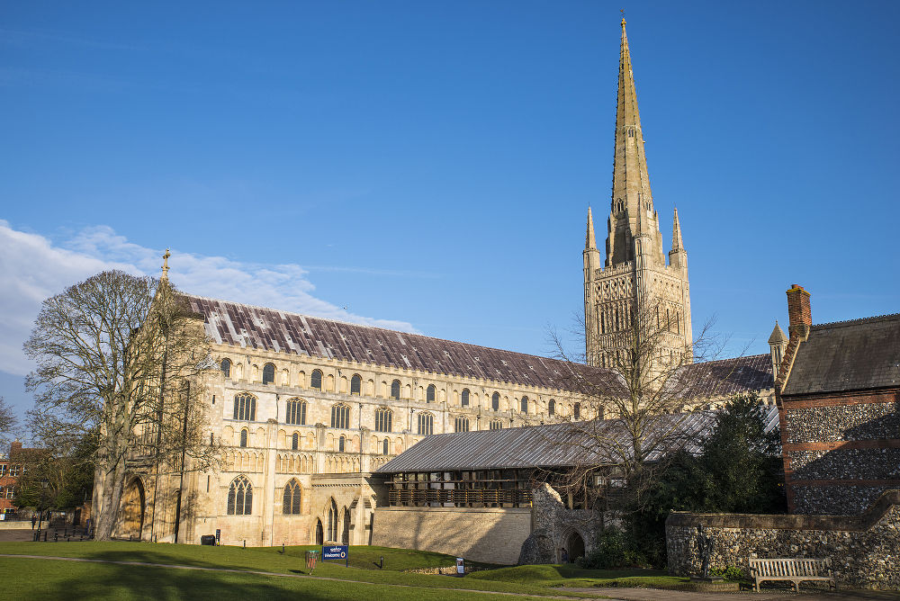 A view of the magnificent Norwich Cathedral in the historic city of Norwich UK.