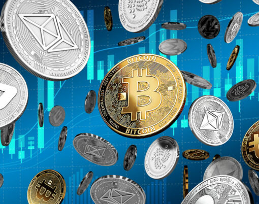 Flying altcoins with Bitcoin in the center as the leader. Bitcoin as most important cryptocurrency concept. 3D illustration