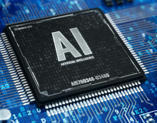 AI, Artificial Intelligence concept - Computer chip microprocessor with AI sign and binary code. 3d rendering