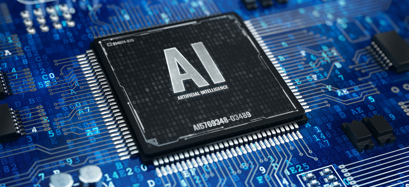 AI, Artificial Intelligence concept - Computer chip microprocessor with AI sign and binary code. 3d rendering