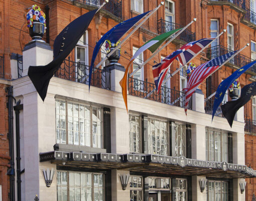 Mayfair, Claridges hotel one of the top London's hotels. British flags on the façade