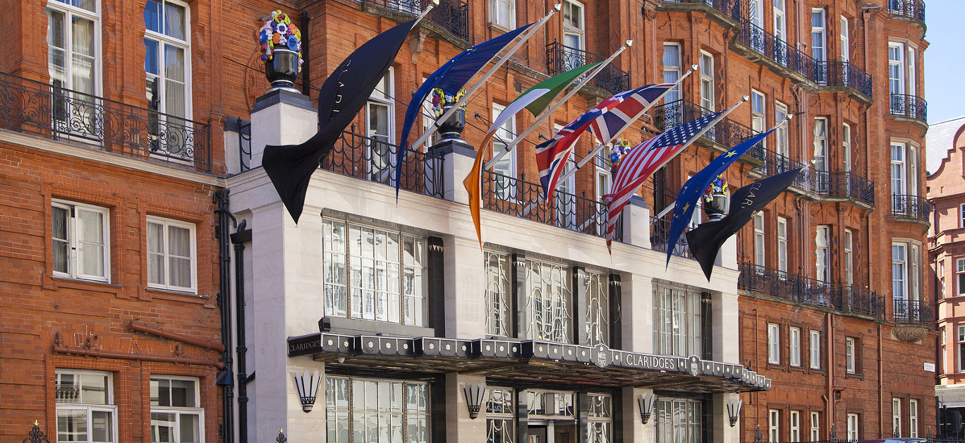 Mayfair, Claridges hotel one of the top London's hotels. British flags on the façade