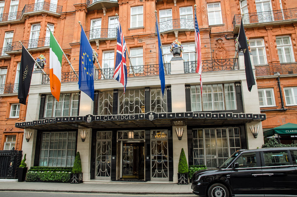 Entrance to the famous five star Claridge\'s Hotel in the centre of Mayfair, London.