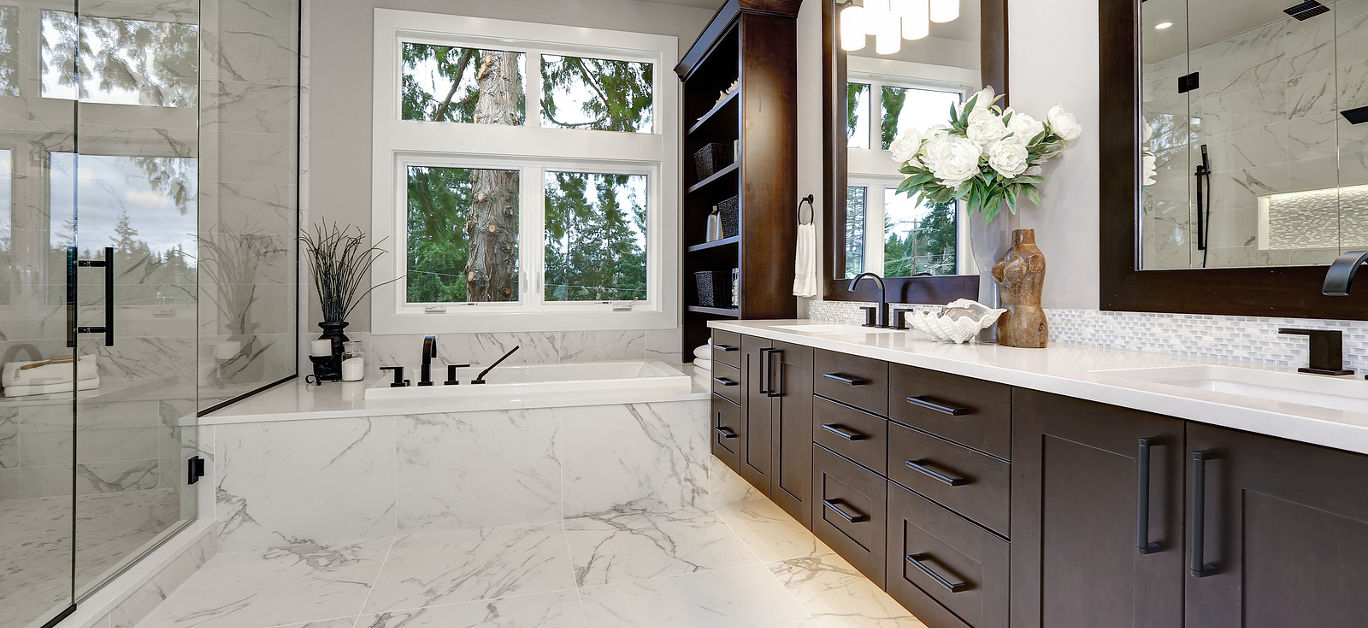 Bathroom modern interior with dark hardwood cabinets and large mirror