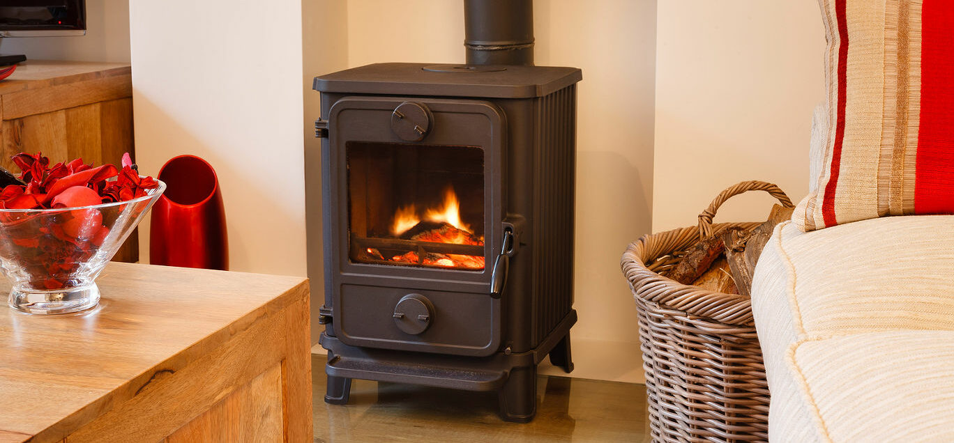 Cozy modern interior living room with wood burner