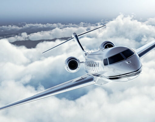 Realistic image of White Luxury generic design private jet flying over the earth