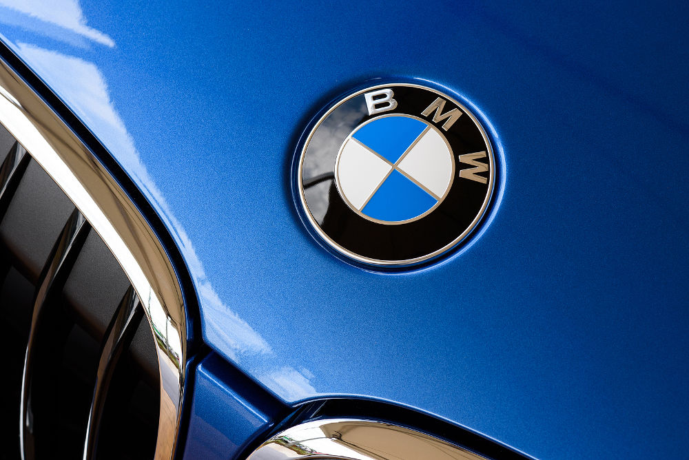 Close up detail logo of the front of a BMW car