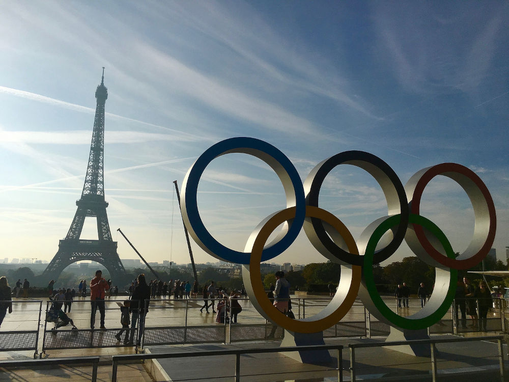 Olympic games symbol on Trocadero place in front of the Eiffel Tower celebrating Paris 2024 summer Olympics