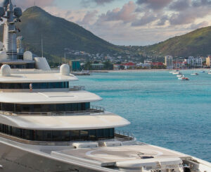 A huge private luxury yacht at a pier in St. Martin