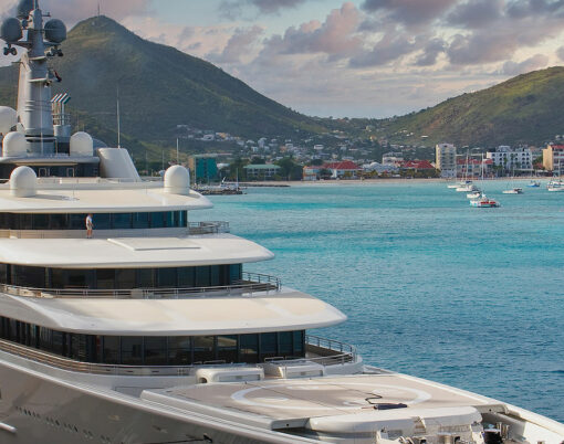 A huge private luxury yacht at a pier in St. Martin