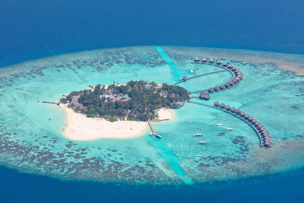 Aerial view on Maldives island, Raa atol