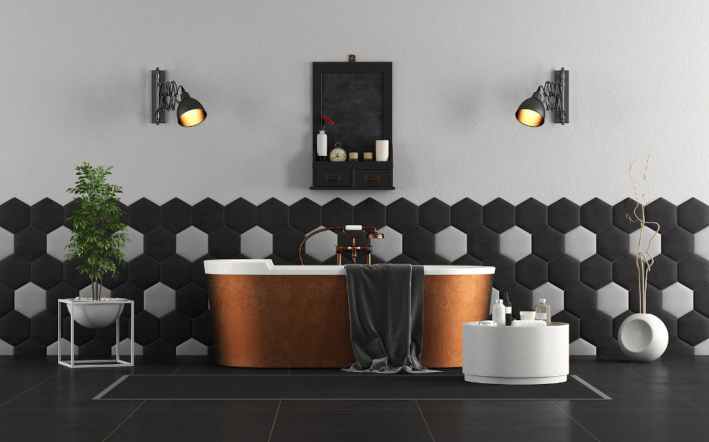 Black and white bathroom with copper bathtub - 3d rendering