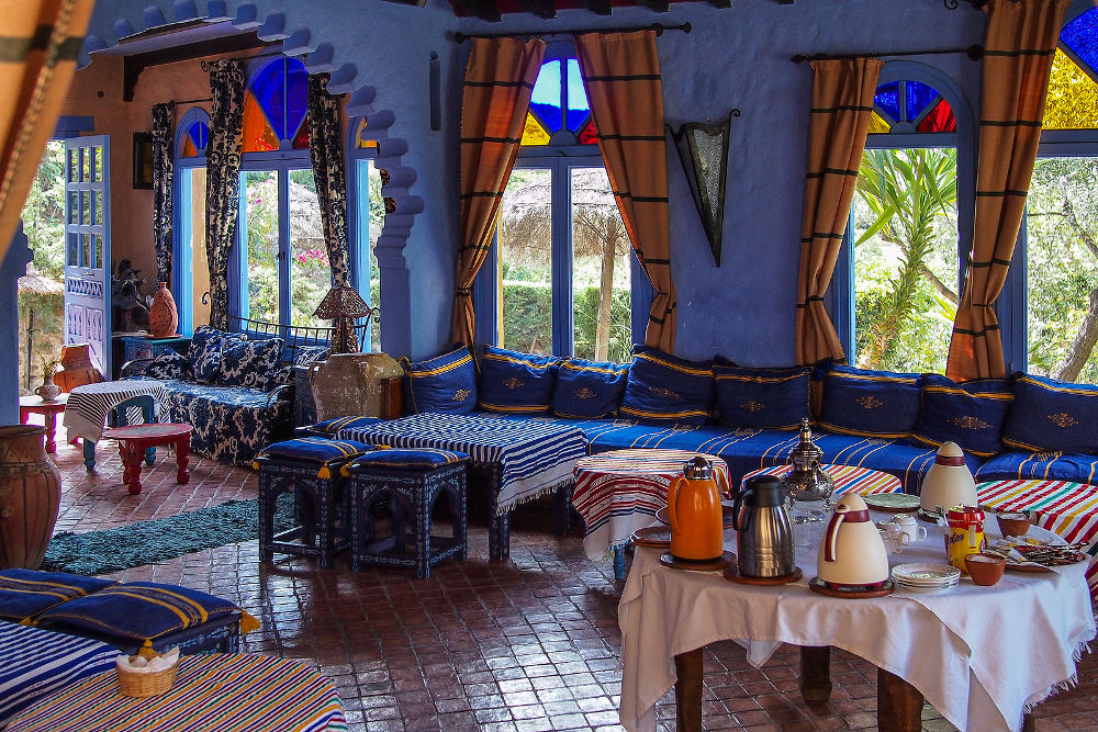  Interior view of a Moroccan house living room in Chefchaouen blue city, Morocco in Africa