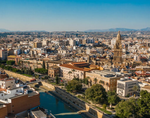 Cityscape of Murcia before sunset. Aerial view