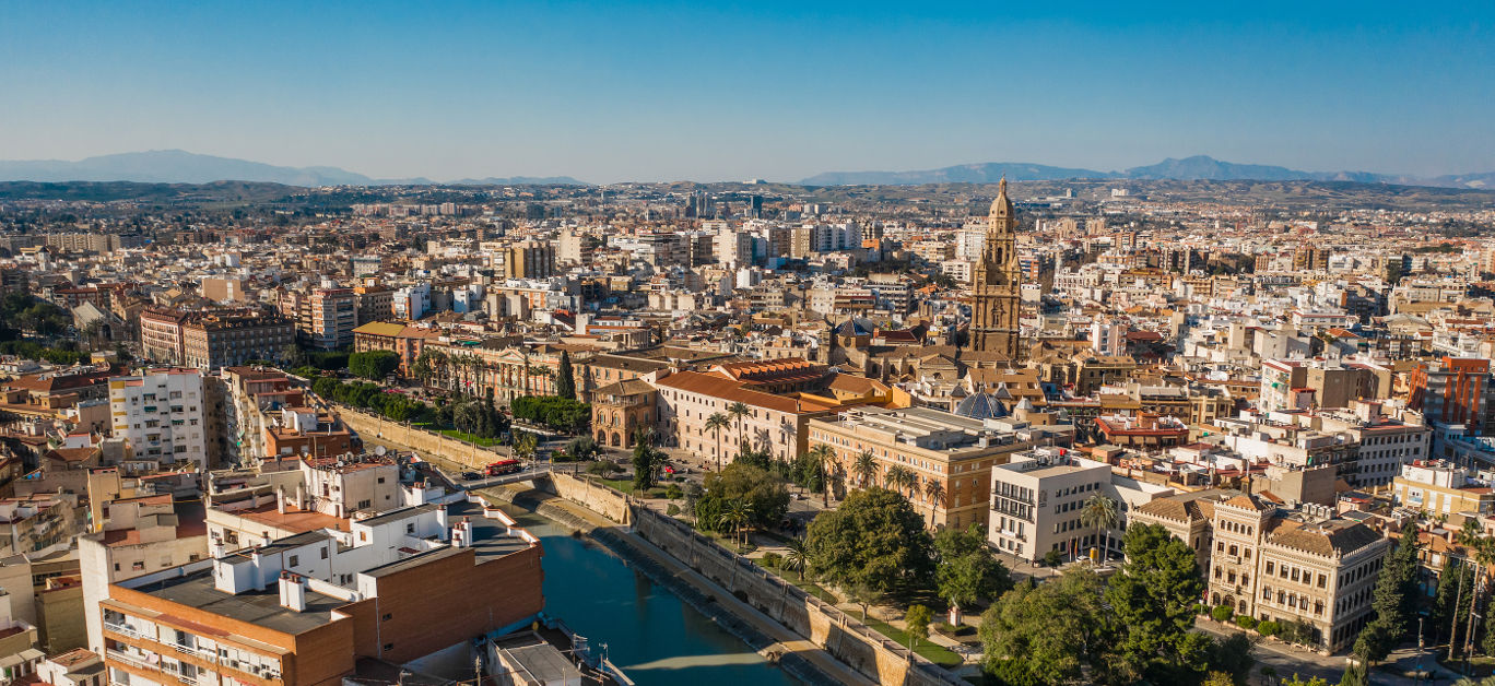 Cityscape of Murcia before sunset. Aerial view