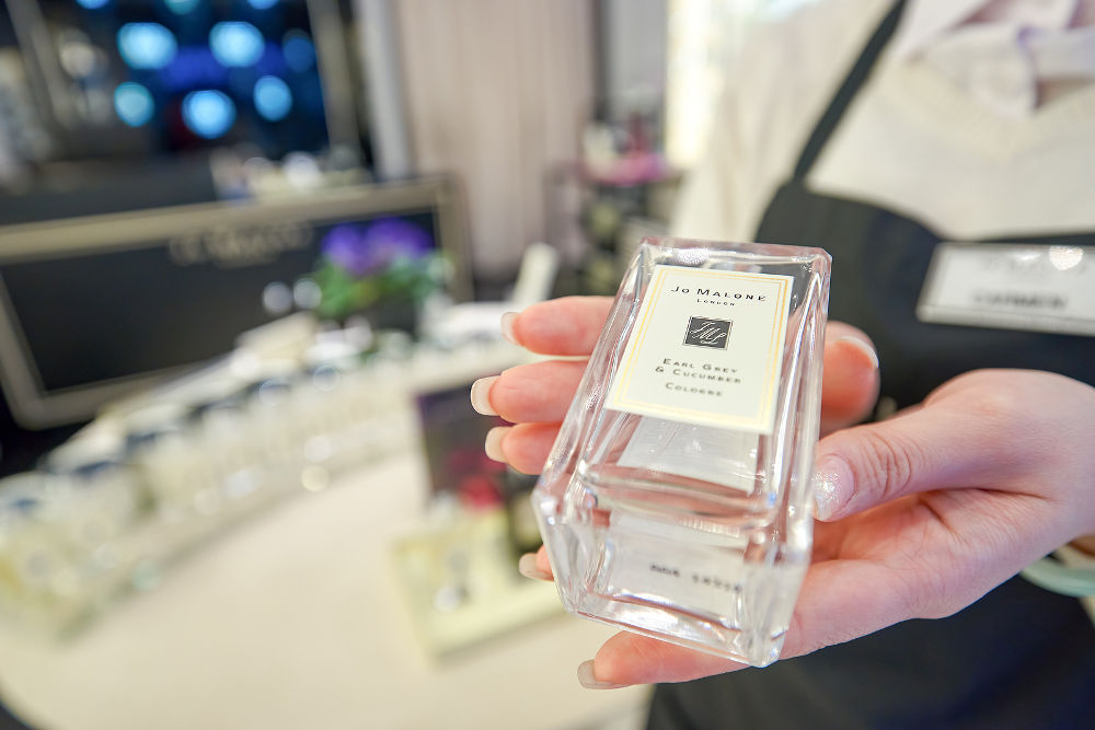 inside of Jo Malone store in Hong Kong. Jo Malone London is known for its expensive perfumes, luxury candles, bath products, and room scents. 