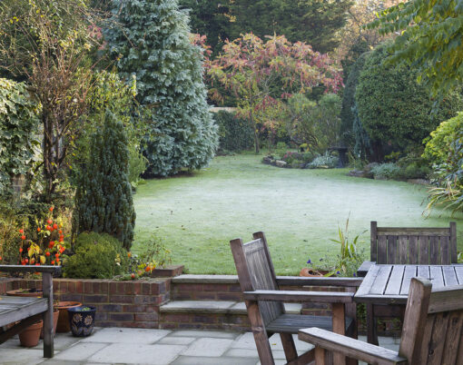 Patio and garden in suburban UK in autumn