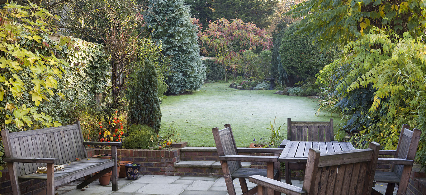 Patio and garden in suburban UK in autumn