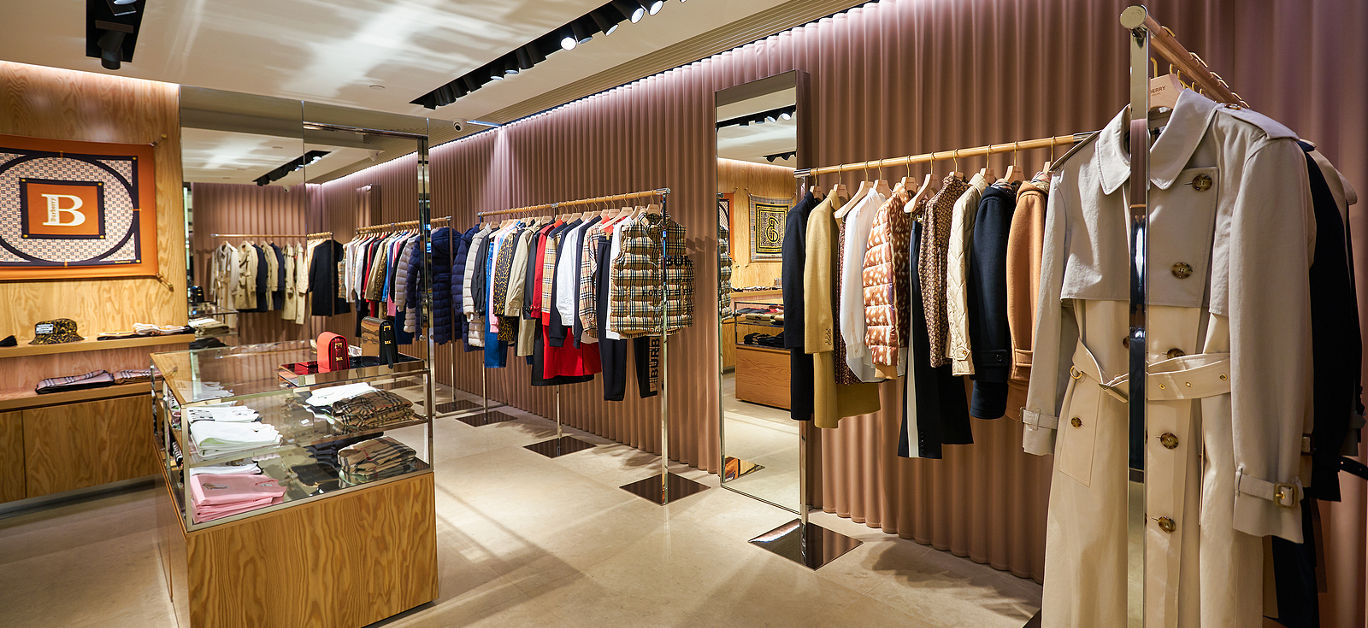 interior shot of Burberry store in Singapore Changi Airport. Burberry Group PLC is a British luxury fashion house headquartered in London, England.