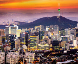 View of downtown cityscape and Seoul tower in Seoul South Korea.