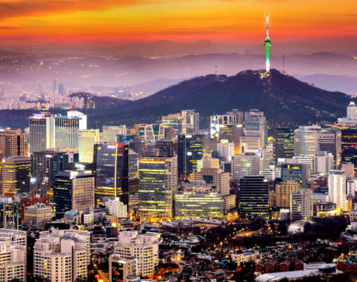 View of downtown cityscape and Seoul tower in Seoul South Korea.